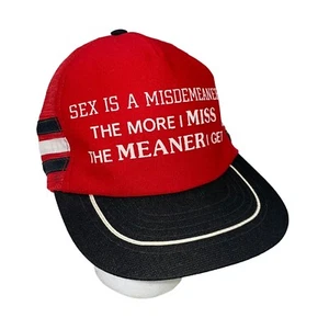 Vintage 3 Stripe Snapback Trucker Mesh Hat Sex Is A Misdemeaner Red READ - Picture 1 of 8