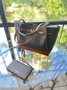 Michael Kors Women Reed Large Tote Handbag Purse Bag Brown + Phone Holder Wallet - Picture 1 of 23