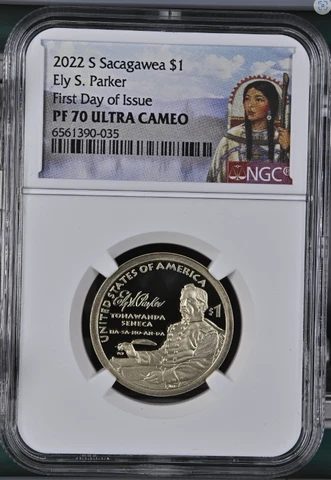2022 S SACAGAWEA $1 ELY S. PARKER NGC PF70 ULTRA CAMEO FIRST DAY OF ISSUE Cover