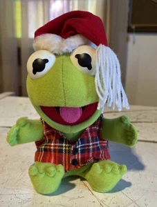 Vtg Baby Kermit the Frog Plush Red Plaid Vest Sesame Street Santa Hat 1987 8inch - Picture 1 of 5