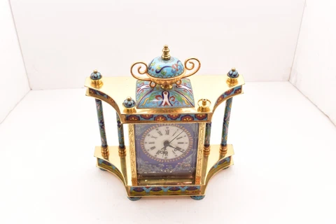 Vintage Rococo Chinese Cloisonne Brass & Enamel Mantle Clock Working 9" Tall Cover