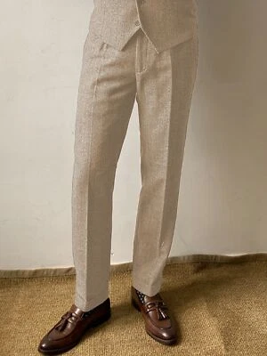 Mens Retro Tweed Dress Pants Vintage Herringbone Adjustable Waist Suit Trousers - Image 1 of 2