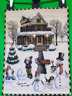 Christmas Winter Scene Tapestry Wall Hanging Snowmen Victorian House Holiday - Image 1 of 4