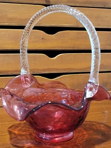 Vintage Fenton Cranberry Ruffled Glass Basket w/ Clear Applied Handle - Picture 1 of 5