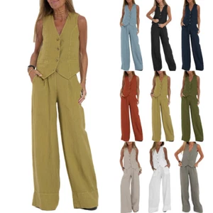 2Pcs Ladies Tank Tops Wide Legs Pants Linen Cotton Co-ord Set Suits Outfits SIZE - Picture 1 of 32