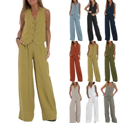 2Pcs Ladies Tank Tops Wide Legs Pants Linen Cotton Co-ord Set Suits Outfits SIZE - Image 1 of 4