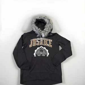 Nwt Justice Logo Faux Fur Trim Zip Up Hoodie Size 10 BLACK - Picture 1 of 3