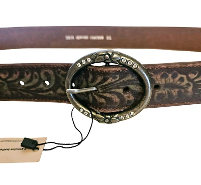 Most Wanted Womens Genuine Leather Belt Rhinestones Buckle Brown Blue Accents XL - Image 1 of 4