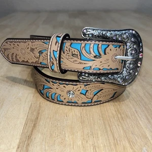 Silberne Schnalle braun türkis geprägter Ledergürtel Größe Medium 8/10 Western - Bild 1 von 8