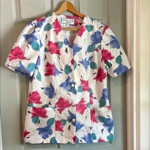 Cherokee Color Codes Women's L Vintage 1980s Colorful Floral Fitted Scrub Top - Picture 1 of 5