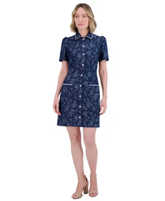 Eliza J Women's Dress Sz 8 Floral Rhinestone-Trim Collared Denim - Image 1 of 4