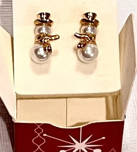 2006 SNOWMAN Christmas EARRINGS Pierced Pearlesque NOS in Box - Picture 1 of 2