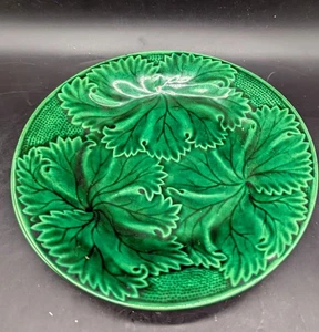 Pair Antique Green Majolica 8" Leaf Plate Regal Sanejouand Clairefontaine France - Picture 1 of 10