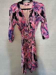 Lilly Pulitzer Bailor Palms Up Wrap Beach Resort Dress Pink Navy XS - Picture 1 of 5