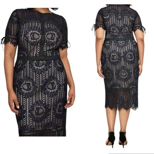 Tadashi Shoji Suma Lace Midi Dress Bateau Neck Black Nude Scalloped Plus Size 14 - Picture 1 of 15