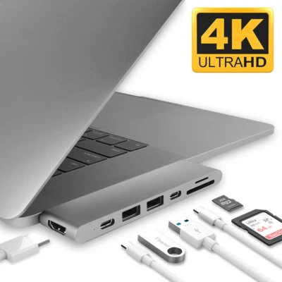 Aluminum USB-C Hub 7-in-1 Adapter w/4K HDMI Card Reader Thunderbolt 3 USB 3.0 PD - Image 1 of 4