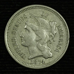 Three Cent Nickel. 1874 Extra Fine. Lot # 9049-90-025 - Picture 1 of 2