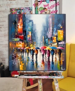 DIPINTO MODERNO ASTRATTO abstract MANHATTAN RAIN NEWYORK QUADRO MODERNO umbrella - Picture 1 of 3