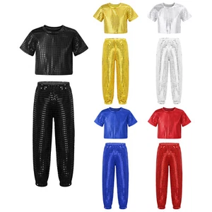 Girls Sequins Dance Crop Top Pants Set Hip Hop Jazz Disco Performance Costume - Picture 1 of 63