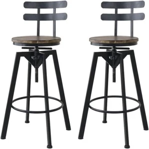 Bar Stool Industrial Adjustable Swivel Stools Backrest Wood Kitchen Counter Chai - Picture 1 of 8
