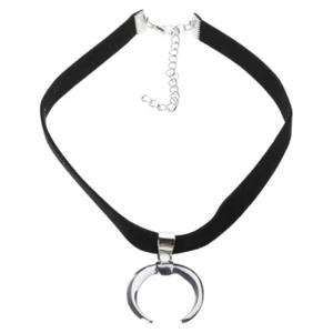 Black PU Velvet Ribbon Choker Necklace Gothic Handmade Moon Pendant Sexy Simple - Picture 1 of 8