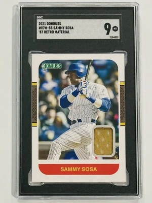 2021 Panini Donruss #87M-SS Sammy Sosa SGC 9 Mint ‘87 Retro Material Jersey Gold - Image 1 of 2