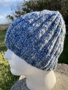 Knitted 100% Handspun Sheep Wool Skull Beanie Blue Colours Size Medium #225 - Picture 1 of 6
