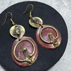 RETRO Artisan Mixed Metal Earrings Dangly Hooks Copper Brass Ethnic Pretty - Picture 1 of 6