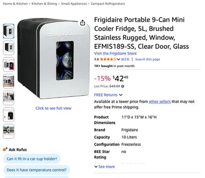 Mini refrigerador portátil Frigidaire de 9 latas, 5L, acero inoxidable cepillado resistente, viento Foto 1 de 4