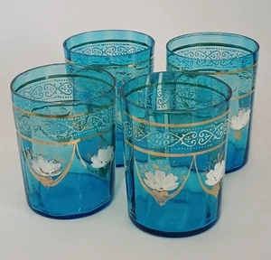 4 vasos antiguos victorianos de vidrio azul esmalte pintado detalles dorados c1900s - Imagen 1 de 14