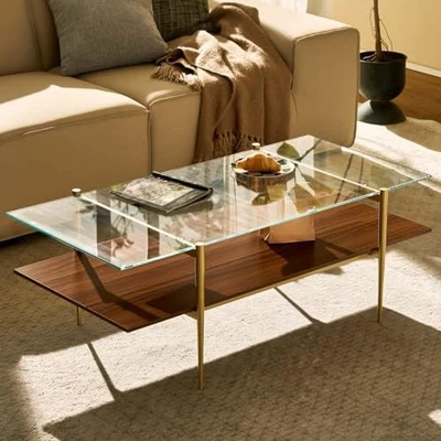  Tadio Large Glass Coffee Table, Mid-Century Modern 47 in Clear Glass Walnut - Image 1 of 4