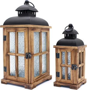 Decorative Rustic Vintage Wood Candle Lantern with Black Metal Top and Embossed - Picture 1 of 12
