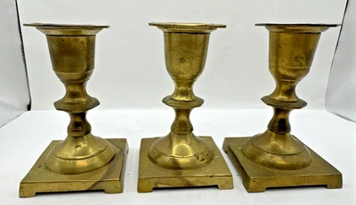 Vintage Metal Small Brass Tapered Candle Holders Set of 3 Made in India 3 1/4 In - Image 1 of 4