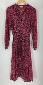 Hush Red Purple & Black Floral Tie Belt V Neck MIDI Shirt Dress Uk 12 Vgc #BG - Picture 1 of 8