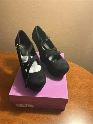 Mujer Plataforma Tacón Alto Cuña Bomba Negro Gamuza Talla 9 1/2 Foto 1 de 4