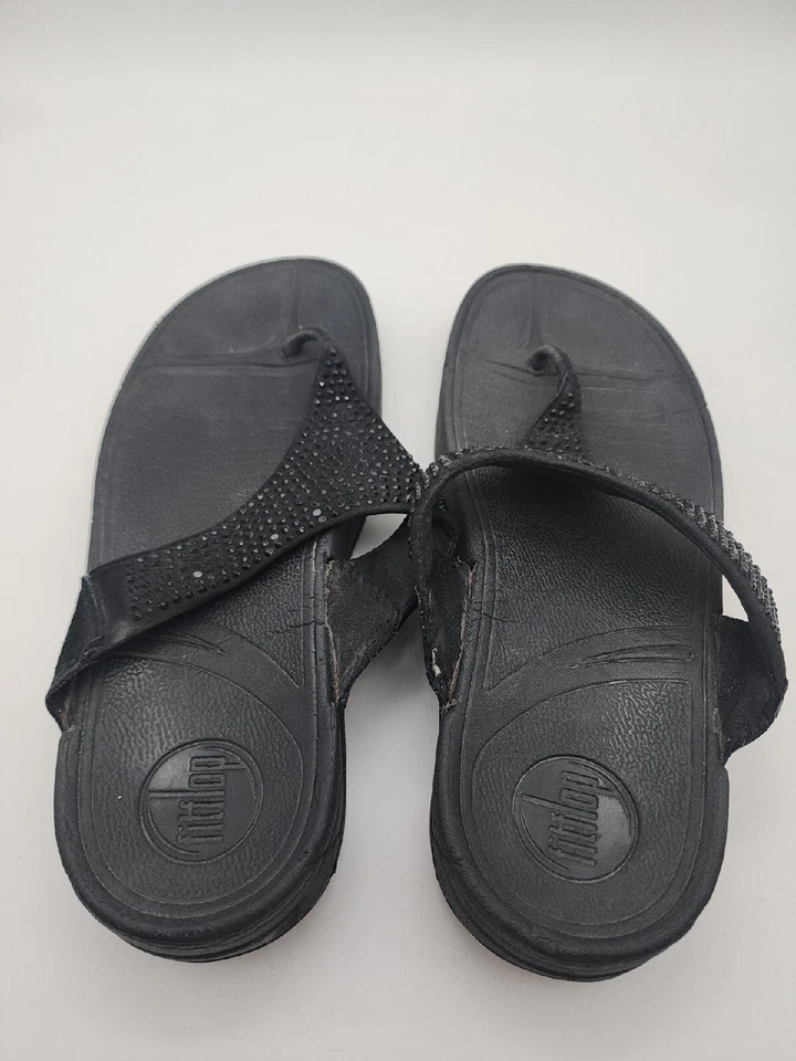 Fitflop Fit Flops Rokkit Leather Black Bling Toe-Post Sandals Slip On Women’s 6 - Image 1 of 4
