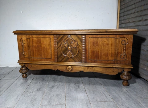 Vintage Rustic Cedar Wood Blanket Chest Trunk - Tudor Jacobean English Revival Cover
