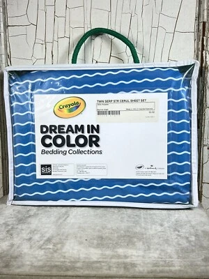 Crayola Dream In Color Twin Sheet Set Serpentine Stripe Cerulean Blue NEW - Image 1 of 4