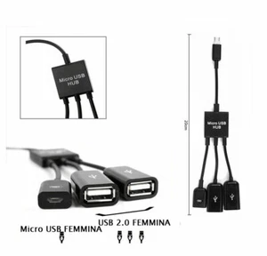 ADATTATORE Da micro USB maschio a 2 USB femmina HUB e MICRO USB OTG alimentatore - Foto 1 di 2