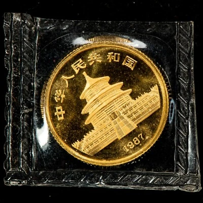 Золотая монета панда 1987-S 10 юаней Китай 1/10 унции - запечатанная OMP - SKU-G3309 - Изображение 1 из 2