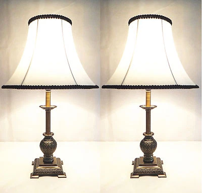 Pair of Traditional Antique Style Table Bedside Lamps White Shade with Black Rim - image 1 of 2