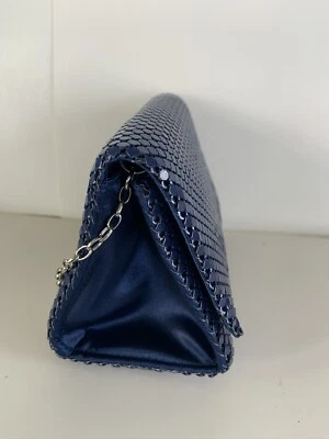 Jessica McClintock Bolso de Mano Azul Marino Malla de Metal Cartera sin asas Baile de graduación Fiesta Cadena Foto 1 de 4