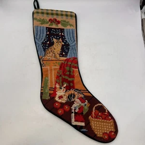 Vintage Christmas Needlepoint Stocking Cats Cross Stitch Santa Snow Cat - Picture 1 of 10