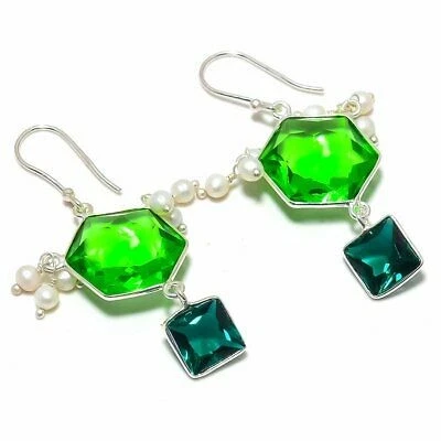 Peridot, Tourmaline 925 Solid Sterling Silver Jewelry Earring 2.05 " B461 - Image 1 of 1