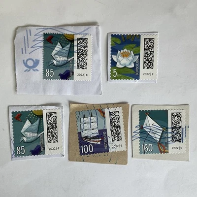 5 Germany stamps~2021~envelopes~carrier pigeon+water lily petals+ship sails+kite - Image 1 of 4