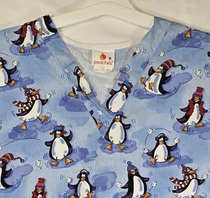 Peaches Scrub Top Large Winter Penguins Print Blue 100% Cotton RN64794 - Picture 1 of 12