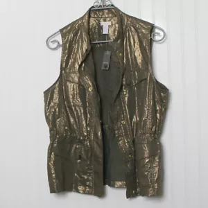 Chico's 1 Foiled Linen Gold Zip Snap Pockets Vest NWT Medium - Picture 1 of 9