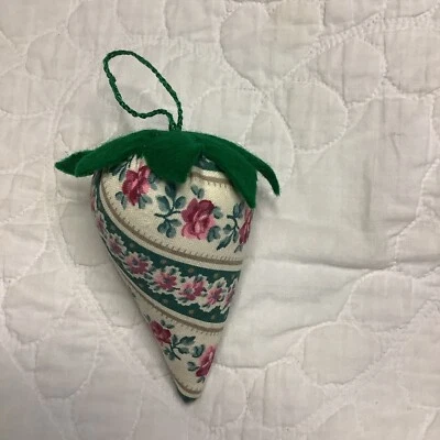 Strawberry Emery ~ Pincushion Lovely Stripe Fabric With Roses 3-1/2” - Image 1 of 4