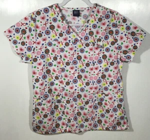 Cancer Ribbon Scrub Top womens size S Small medgear Breast Stroke Pink Red heart - Picture 1 of 5