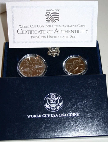 1994 US Mint World Cup Soccer 2 Coin Set BU 90% Silver Dollar and Half Box + COA Cover